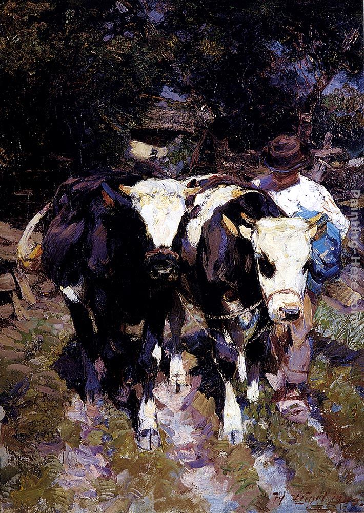 Two Harnessed Calves painting - Heirich von Zugel Two Harnessed Calves art painting